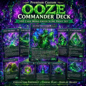 Op de afbeelding: Een verzameling aangepaste proxykaarten voor een Commander Deck, met een mono-groen slijmthema. De kaarten tonen levendige groene en paarse kunstwerken met de tekst "OOZE COMMANDER DECK" en "100 CARD MONO-GREEN SLIME PROXY SET".