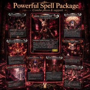 May include: A collection of nine trading cards titled Powerful Spell Package, featuring dark red and black gothic illustrations of rabbits and magical settings. Each card displays text, game mechanics, and titles like Arabella, Abandoned Doll.