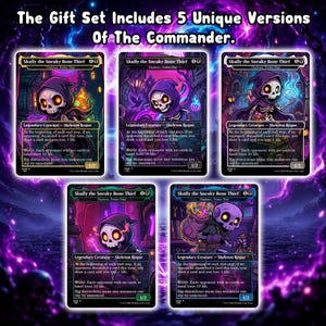 以下が含まれることがあります： 「Skully the Sneaky Bone Thief」の5つのユニークなバージョンのトレーディングカード。各カードには、紫色のフード付きマントを着た漫画のスケルトンが描かれています。カードは紫と黒の背景にテキストがあります。