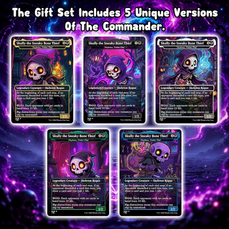 以下が含まれることがあります： 「Skully the Sneaky Bone Thief」の5つのユニークなバージョンのトレーディングカード。各カードには、紫色のフード付きマントを着た漫画のスケルトンが描かれています。カードは紫と黒の背景にテキストがあります。