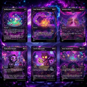 以下が含まれることがあります： 紫と黒の背景を持つ、ファンタジーをテーマにしたトレーディングカードゲームカードが6枚。カードには、スケルトン、悪魔、魔法のアイテムのイラストが描かれています。カードのテキストには、「Boiling Bone Soup」や「Bone Smoke Chain」などのタイトルが含まれています。
