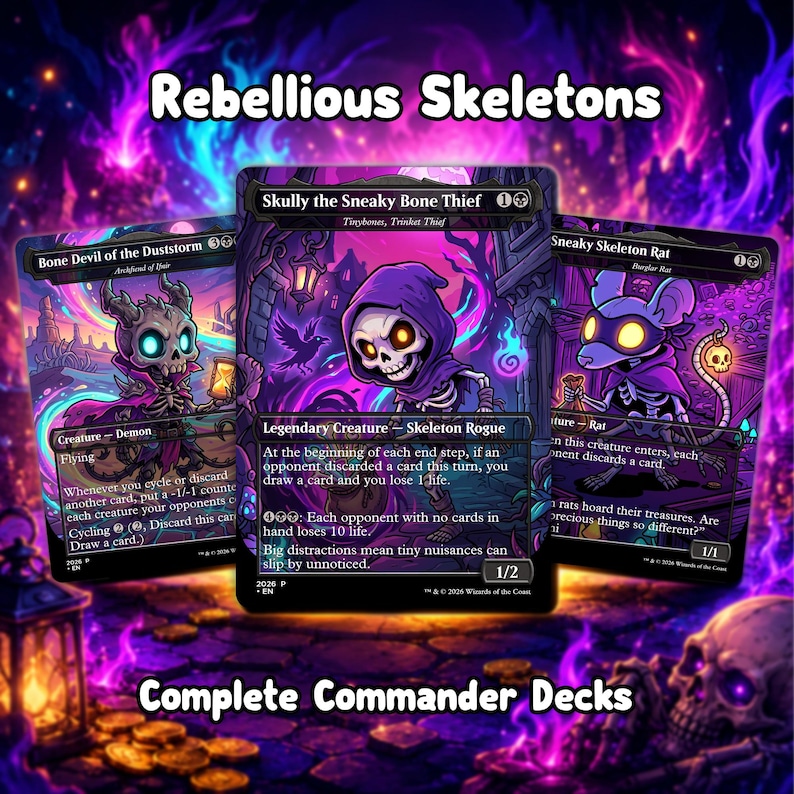 May include: Three fantasy trading cards featuring skeleton characters. The cards have a purple and black color scheme with the text "Rebellious Skeletons" at the top and "Complete Commander Decks" at the bottom. The cards feature various skeleton characters.