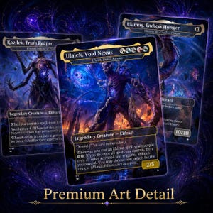 May include: Three Magic: The Gathering trading cards featuring cosmic, dark-themed artwork. The central card is Ulalek, Void Nexus, flanked by Kozilek, Truth Reaper and Ulamog, Endless Hunger. Each card displays detailed text, mana symbols, and power/toughness stats.