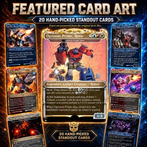 K&ouml;nnte beinhalten: Eine Sammlung von sechs Sammelkarten mit Transformers-Charakteren, darunter Optimus Prime, Jetfire, Wheeljack, Drift, Arcee und Shockwave. Die Karten zeigen detaillierte Illustrationen, Text und Spielstatistiken vor einem dunkelblauen Hintergrund.