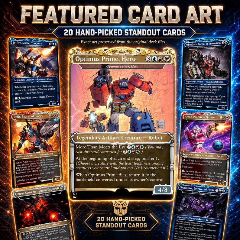 K&ouml;nnte beinhalten: Eine Sammlung von sechs Sammelkarten mit Transformers-Charakteren, darunter Optimus Prime, Jetfire, Wheeljack, Drift, Arcee und Shockwave. Die Karten zeigen detaillierte Illustrationen, Text und Spielstatistiken vor einem dunkelblauen Hintergrund.