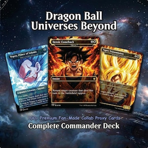 May include: Three Dragon Ball Universes Beyond trading cards. The cards feature images of Vegeta, Goku, and a golden-haired character. Text on the cards includes "Heroic Comeback" and "Tuper Transmission". The image also includes the text "Complete Commander Deck."
