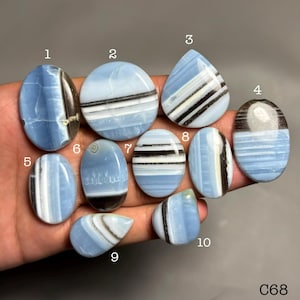 May include: A collection of ten polished opal gemstones in various shapes, including oval, teardrop, and rounded forms. The opals display a light blue color with contrasting black and white banding patterns. The gemstones are numbered for identification.