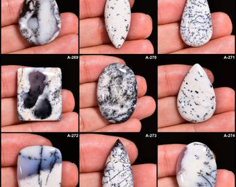 May include: Nine polished gemstones with unique patterns of black and white. The shapes vary from teardrop to oval and rectangular. Each stone is held in a hand, showcasing the natural variations and textures.