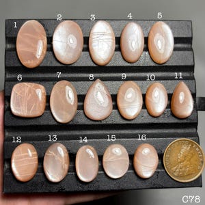 May include: Sixteen peach-coloured moonstone cabochons in various shapes, including oval, teardrop, and rectangular, displayed on a black tray. A gold coin with a portrait is next to the stones. The text "C78" is at the bottom.