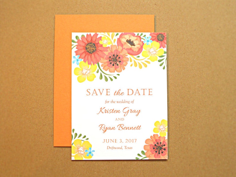 Save the Date Wedding Card Orange and Yellow Vintage Flowers