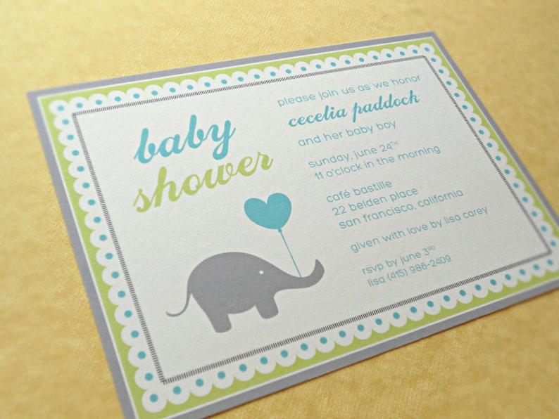Baby Shower Invitations Elephant With Balloon Blue and Green Etsy