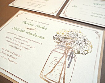 Wedding Invitation Suite / Rustic Wedding Invitations, Mason Jar with Hydrangeas - Deposit
