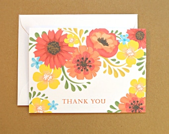 Wedding Thank You Cards, Bridal Shower Thank You Cards, Orange Yellow Flowers, Set of 25