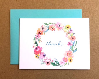 Bridal Shower Thank You Cards, Wedding Thank You Cards, Peony Wreath, Set of 10