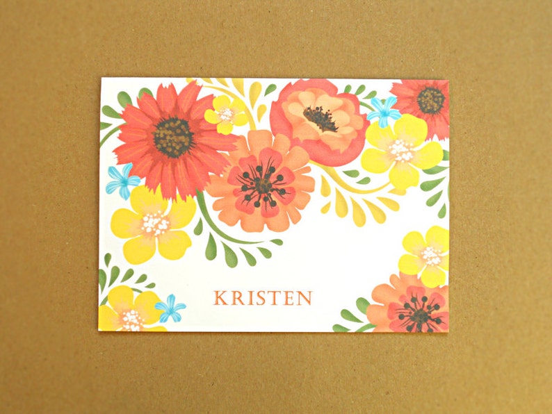 Personalized Stationery Set / Personal Stationery, Orange and Yellow Vintage Flowers, 10-Count image 3