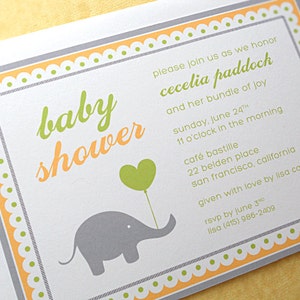 Baby Shower Invitations Elephant with Balloon, Yellow and Green, 10-Count image 3