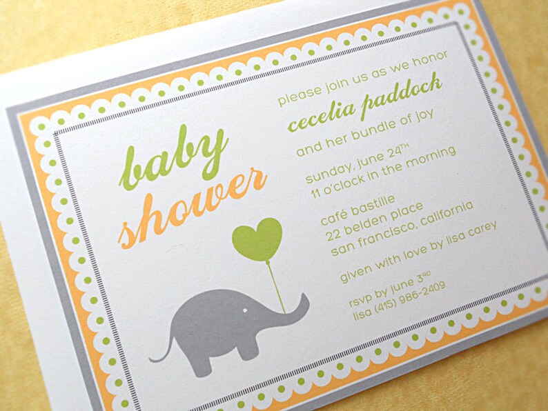 Baby Shower Invitations Elephant with Balloon, Yellow and Green, 10-Count image 3