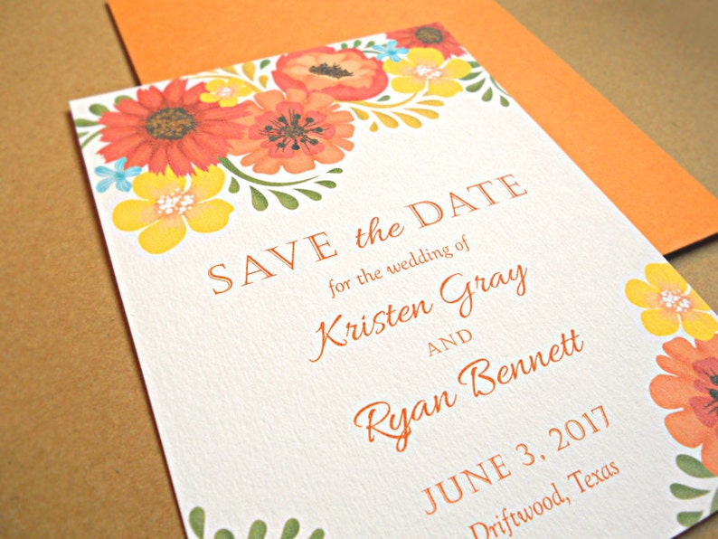 Save the Date Wedding Card Orange and Yellow Vintage Flowers