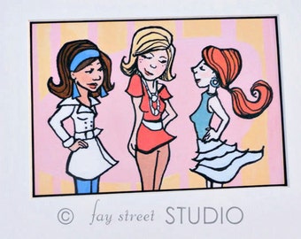 Vintage Fashion Girls Art Print, 5x7, Matted to 8x10