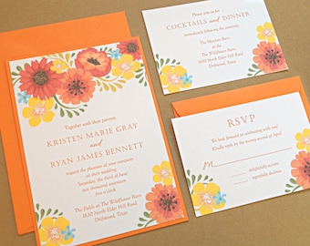 Wedding Invitation Suite / Garden Wedding Invitations, Orange and Yellow Vintage Flowers - Deposit