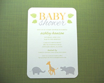 Baby Shower Invitations Jungle Animals, Yellow Green Gray, 10-Count