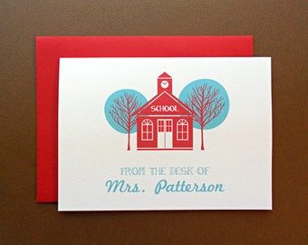 Personalized Teacher Gift, Custom Teacher Stationery Set, Little Red Schoolhouse Thank You Cards, Set of 25