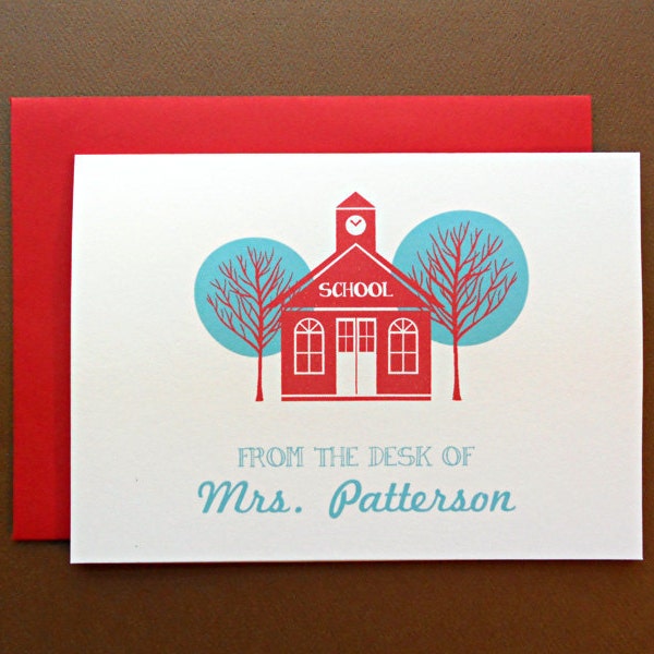 Personalized Teacher Gift, Custom Teacher Stationery Set, Little Red Schoolhouse Thank You Cards, Set of 10