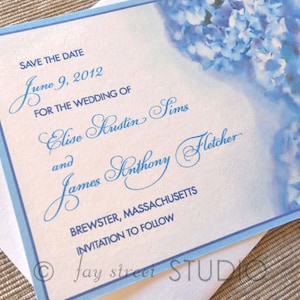 May include: Save the date card with blue hydrangeas in the background. The text reads "Save the Date June 9, 2012 For the Wedding of Elise Kustin Sims and James Anthony Fletcher Brewster, Massachusetts Invitation to Follow"
