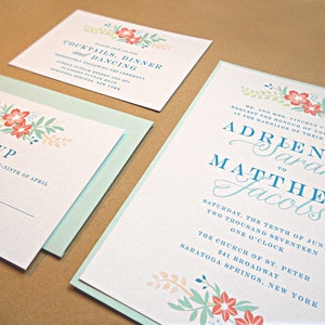 May include: Wedding invitation with floral design in shades of pink, orange, and green. The invitation reads "Mr. and Mrs. Vincent Crawford request the honour of your presence at the marriage of their daughter Adrienne Sarah to Matthew Jacobs Saturday, the tenth of June two thousand seventeen one o'clock The Church of St. Peter 241 Broadway Saratoga Springs, New York"