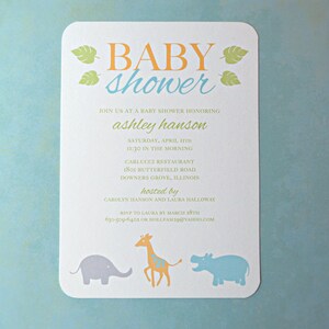 Baby Shower Invitations Jungle Animals, Blue Yellow Gray, 10-Count