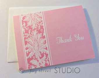 Thank You Cards, Pink Damask Thank You Cards, Set of 10