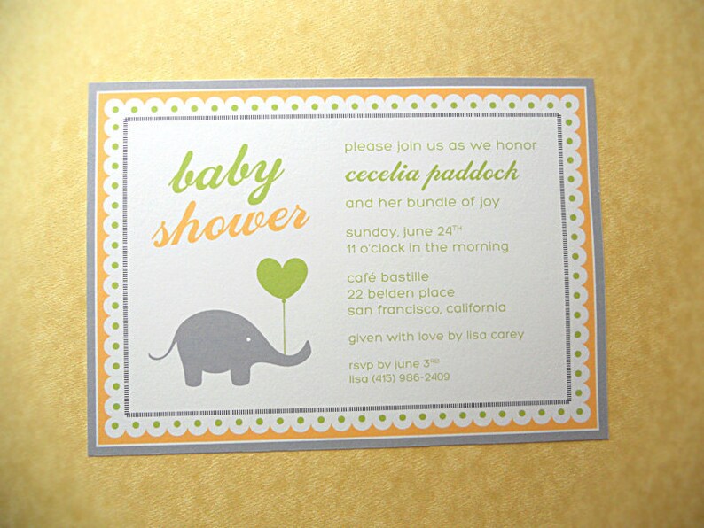 Baby Shower Invitations Elephant with Balloon, Yellow and Green, 10-Count image 2