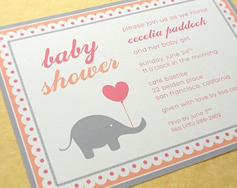 Baby Shower Invitations Elephant with Balloon, Pink and Peach, 10-Count