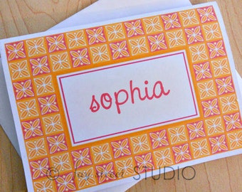 Personalized Stationery Set, Personal Stationery, Checkered Orange Pink or Blue, 10-Count