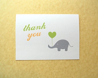 Baby Shower Thank You Cards, Elephant Thank You Cards, Kids Thank You Cards, Yellow and Green, Set of 10