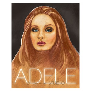 May include: A digital illustration of a woman with long brown hair and blue eyes. The woman is wearing makeup and has a neutral expression. The background is black and the text "ADELE" is written in white at the bottom of the image. The text "Jay Street STUDIO" is written in white below the name.
