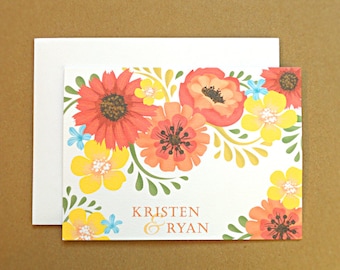 Personalized Wedding Stationery / Wedding Thank You Cards / Thank You Cards, Orange and Yellow Vintage Flowers, 10-Count