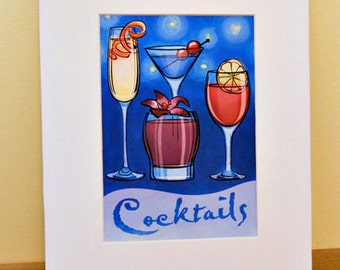 Cocktails Art Print, 5x7, Matted to 8x10
