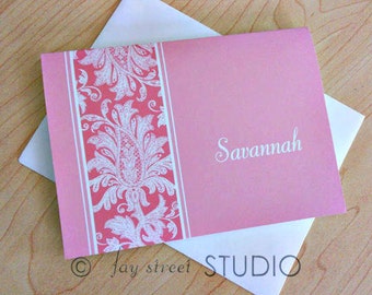 Personalized Damask Stationery Set, Personal Stationery, Pink Blue or Green, 10-Count