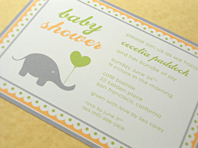 Baby Shower Invitations Elephant with Balloon, Yellow and Green, 10-Count image 4