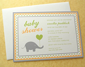 Baby Shower Invitations Elephant with Balloon, Yellow and Green, 10-Count