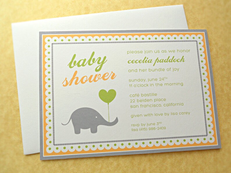 Baby Shower Invitations Elephant with Balloon, Yellow and Green, 10-Count image 1