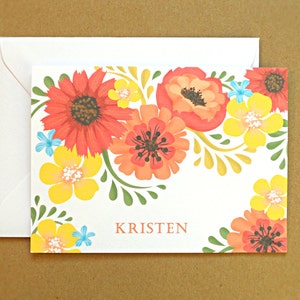 Personalized Stationery Set / Personal Stationery, Orange and Yellow Vintage Flowers, 10-Count image 1