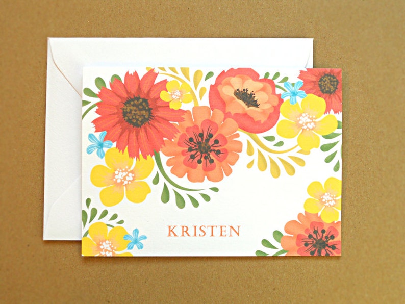 Personalized Stationery Set / Personal Stationery, Orange and Yellow Vintage Flowers, 10-Count image 1