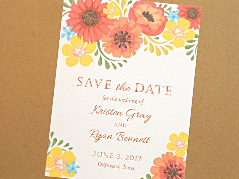 Save the Date Wedding Card Orange and Yellow Vintage Flowers