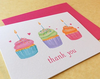 Kids Birthday Thank You Cards, Cupcake Thank You Cards, Set of 10