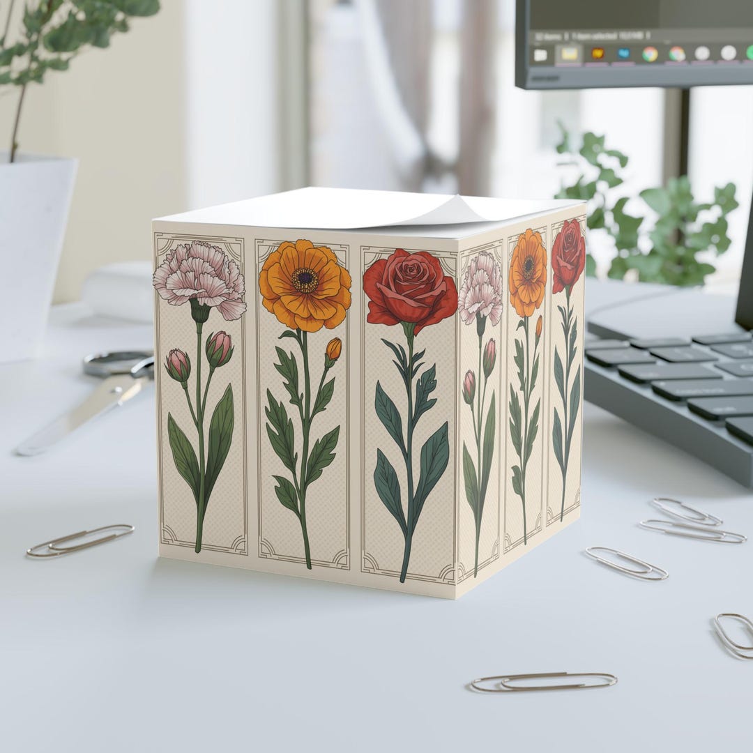 Botanical Floral Illustration Note Cube | Floral Sticky Notes - Etsy