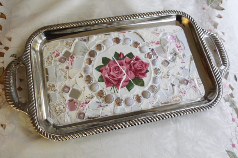 Custom Victorian Rose Mosaic Tray image 1