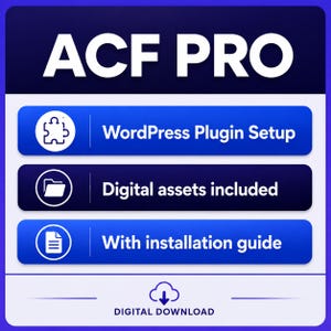 以下が含まれることがあります： ACF PROのデジタルグラフィック。ダークブルーのヘッダーに白いテキスト。3つの青い水平バーには、白いアイコンと「WordPress Plugin Setup」、「Digital assets included」、「With installation guide」というテキストが含まれています。下部にはダウンロードアイコンがあります。