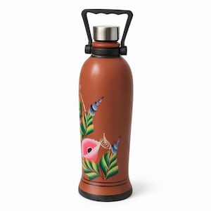 May include: A terracotta-colored water bottle with a black handle and lid. The bottle features a floral design with pink, green, and blue accents. The stainless steel lid is silver. The bottle is approximately 10 inches tall.